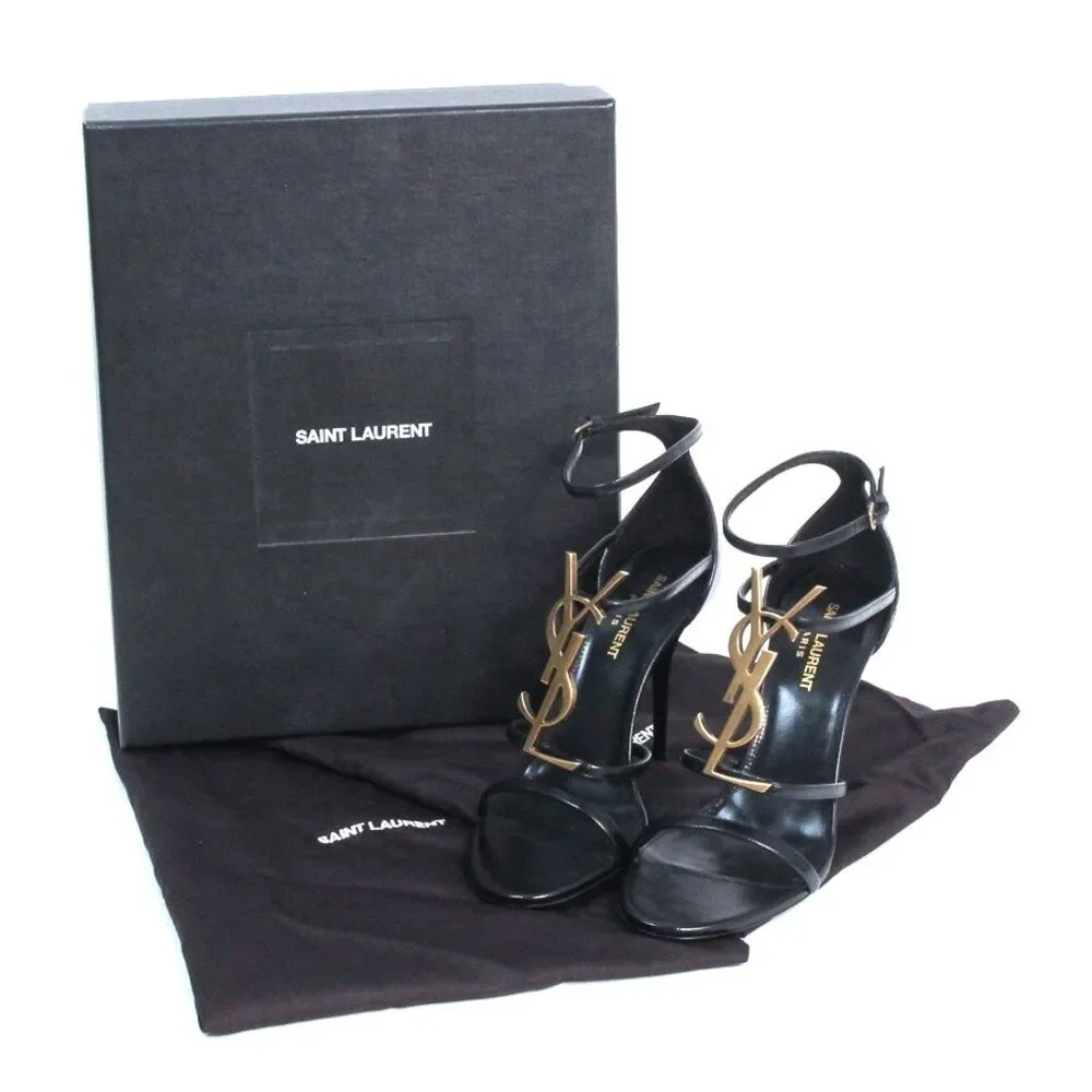 Saint Laurent Cassandra Sandals Black Leather Gold YSL Monogram Logo Heels 39